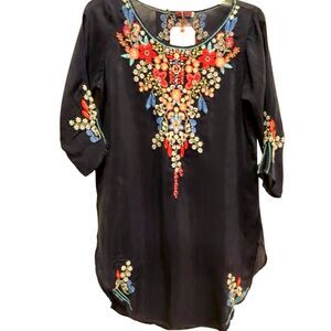 Johnny Was NWT $238 Aubrieta Blouse Heavy Embroidery Black Boho Floral Tunic S